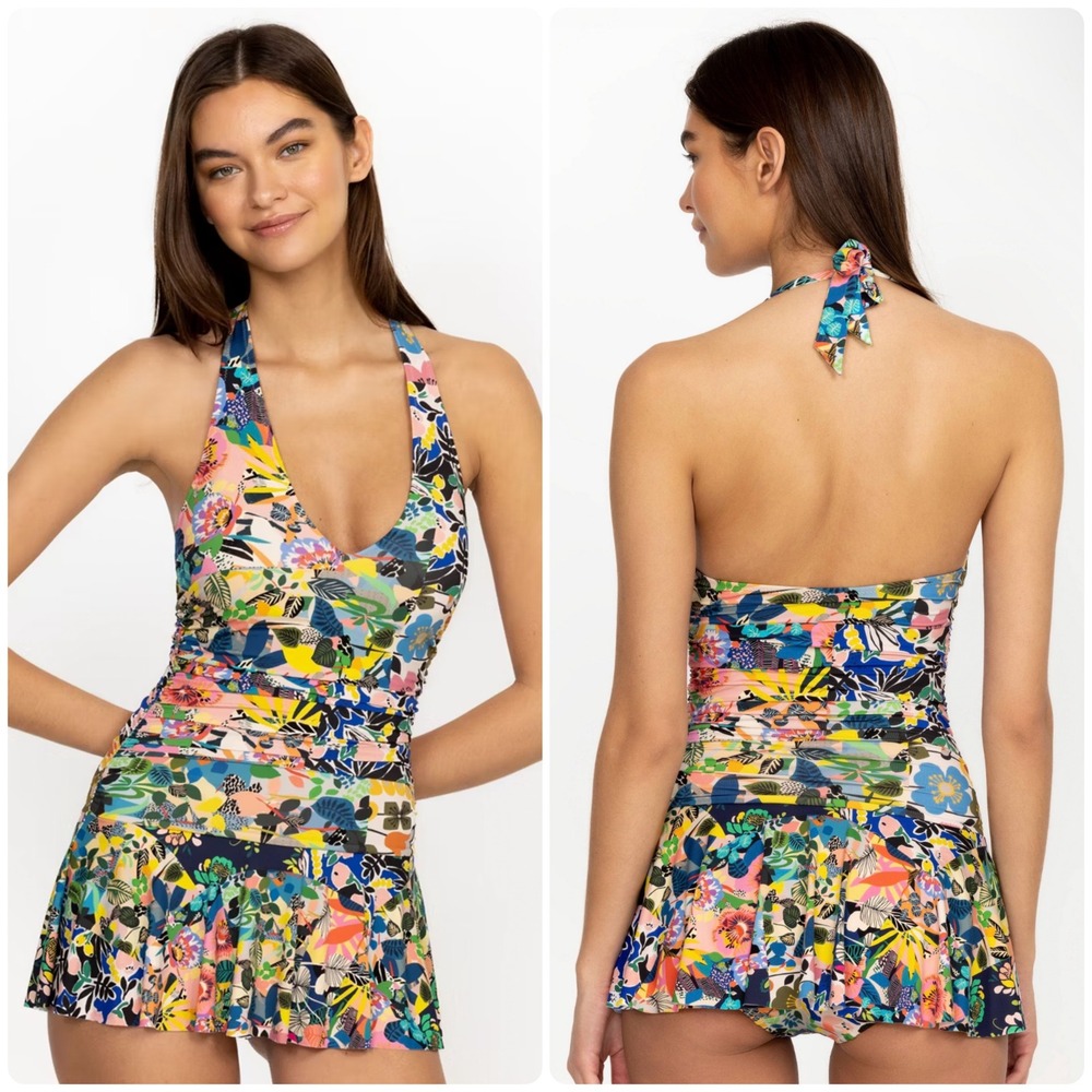 Johnny Was Womens Layla Halter Ruched Floral Boho Resort Vacation Swim Dress L